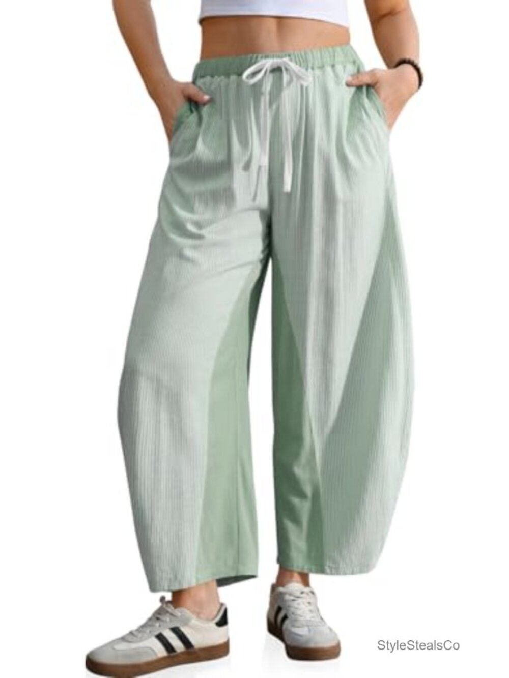 Womens Wide Leg Barrel Pants Striped Linen Blend Drawstring Elastic Waist Casual